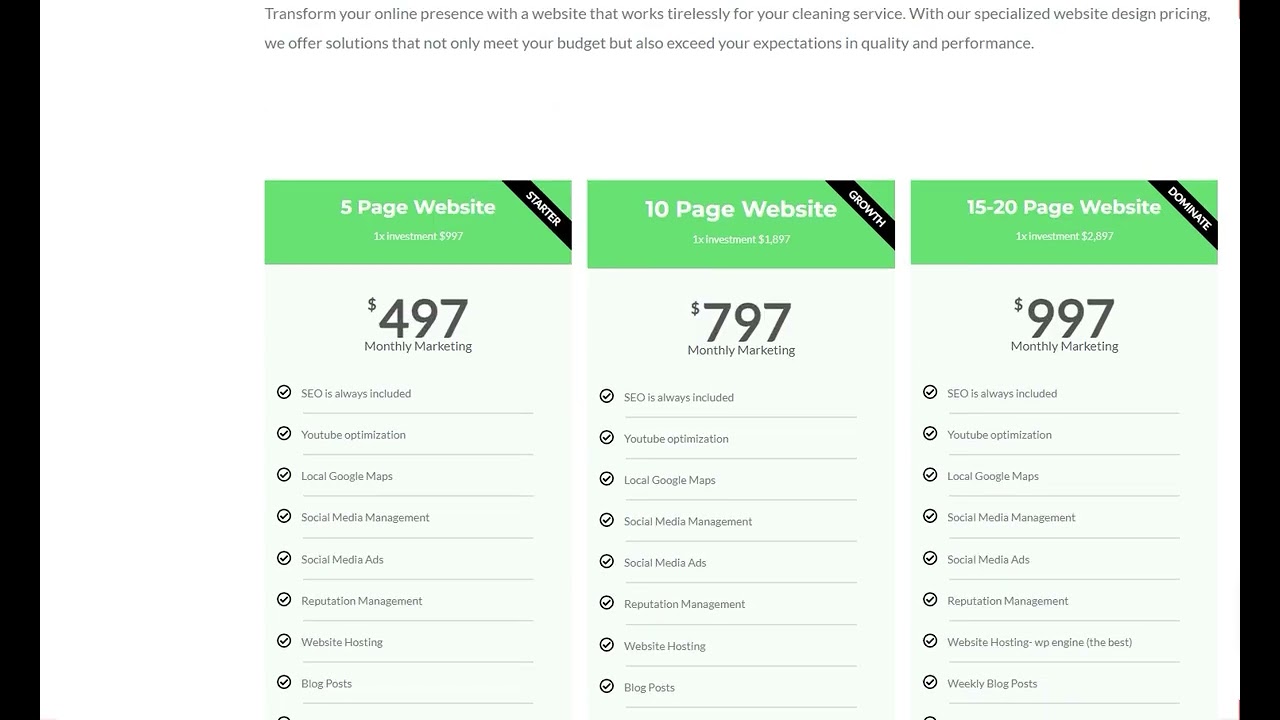 Website Design Pricing Package For Cleaning Services