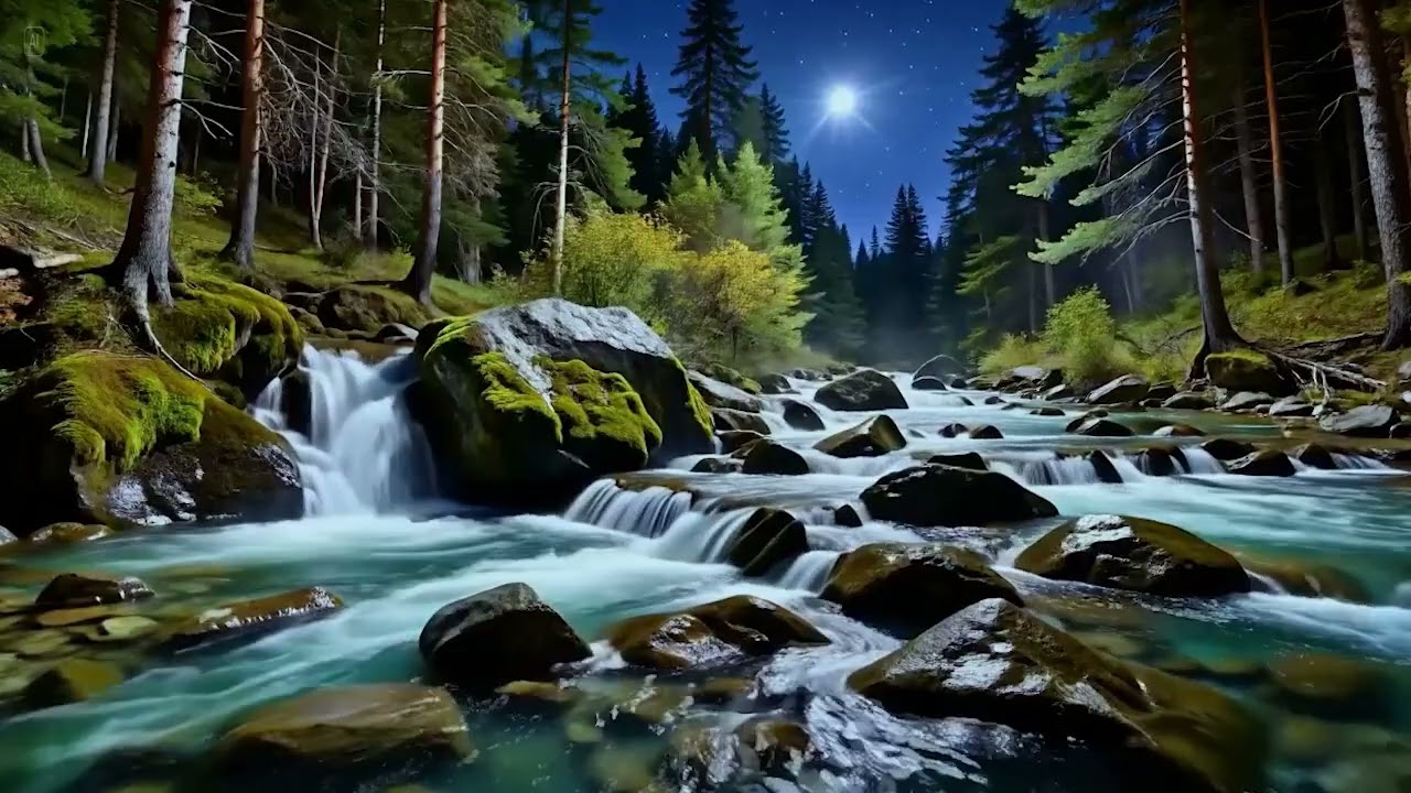 Moonlight River Flowing Over Rocks🌿💧 Starry Night Waterfall Sounds for Sleep
