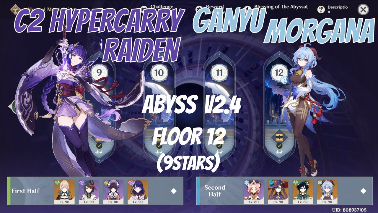 C2 HyperCarry Raiden & Ganyu Morgana team. Abyss v2.4 Floor 12 (9 Stars)Genshin Impact