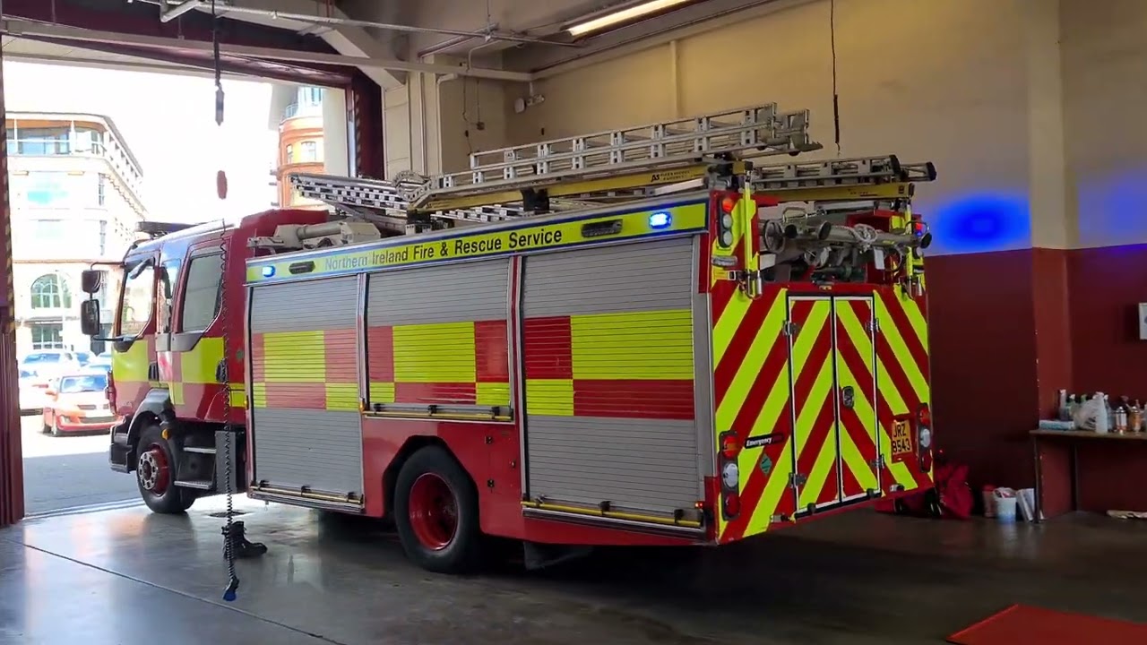 NIFRS - E1203 Volvo FLL Heavy Rescue Pump - Turn out from inside of Belfast Central Fire Station.