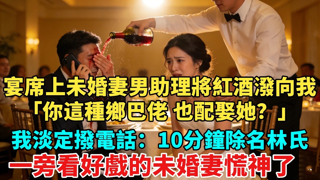 宴席上未婚妻的男助理當眾將紅酒潑向我。「你這種鄉巴佬也配娶她？」我淡定擦去，撥通電話：「十分鐘我要林氏徹底除名」一旁看好戲的未婚妻慌了#故事頻道#情感故事#分享#情感#感情#婚姻