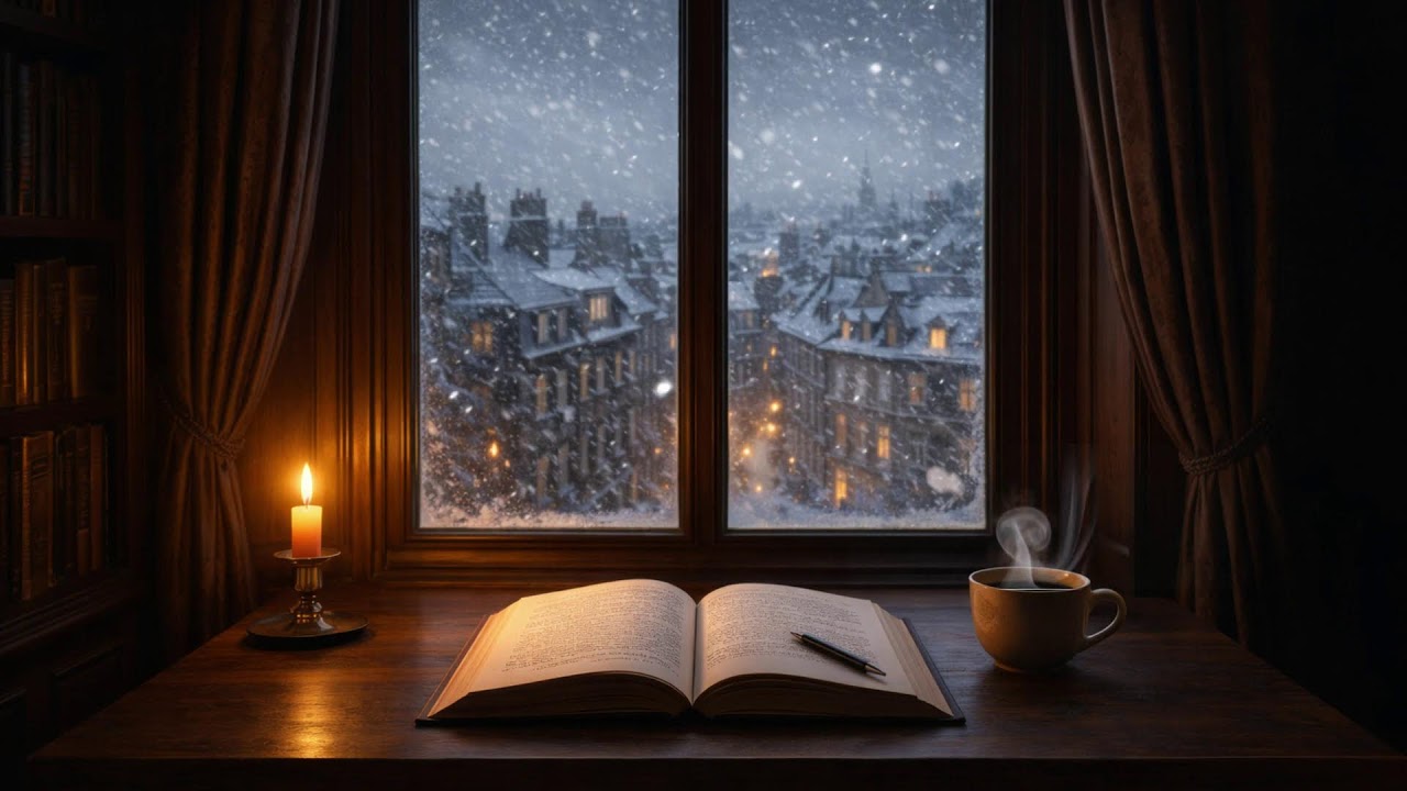 Calm Winter Twilight Reading  Cozy Ambience with Fireplace & Candlelight