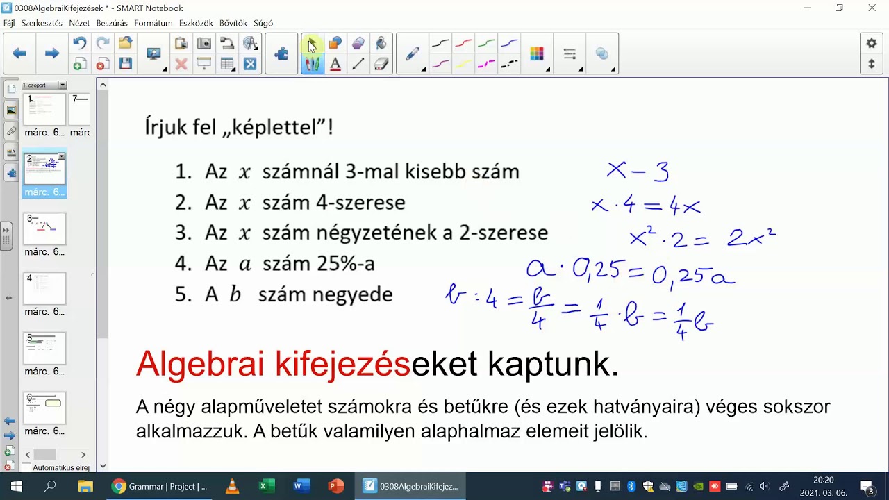 Algebrai kifejezések 1.  matematika, 7. osztály