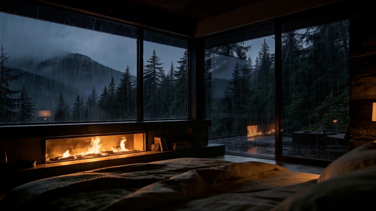 Rainy Mountain Bedroom Fireplace 🌧️🔥 Rain ASMR for Deep Sleep | Cozy Night Ambience (No Ads)
