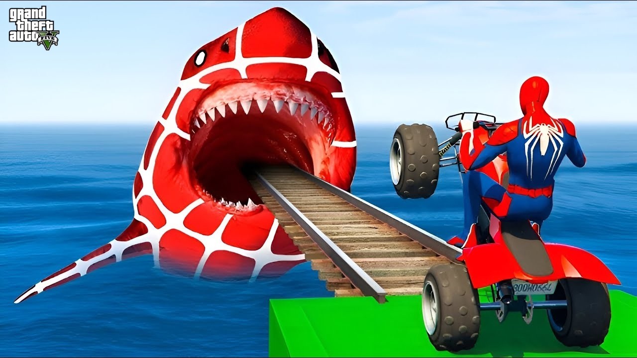 سبايدر مان اصعب دراجة نارية فوق اسماك القرش - Superheroes Ride on Motorcycle Stunt Funny Moments🥵🤔