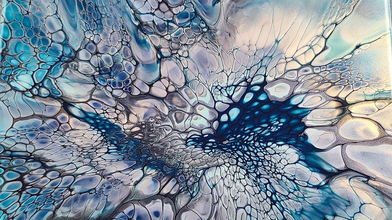 71. Silver, Prussian Blue, Paynes Grey SheleeArt Bloom Technique - Acrylic Pour - Fluid Art