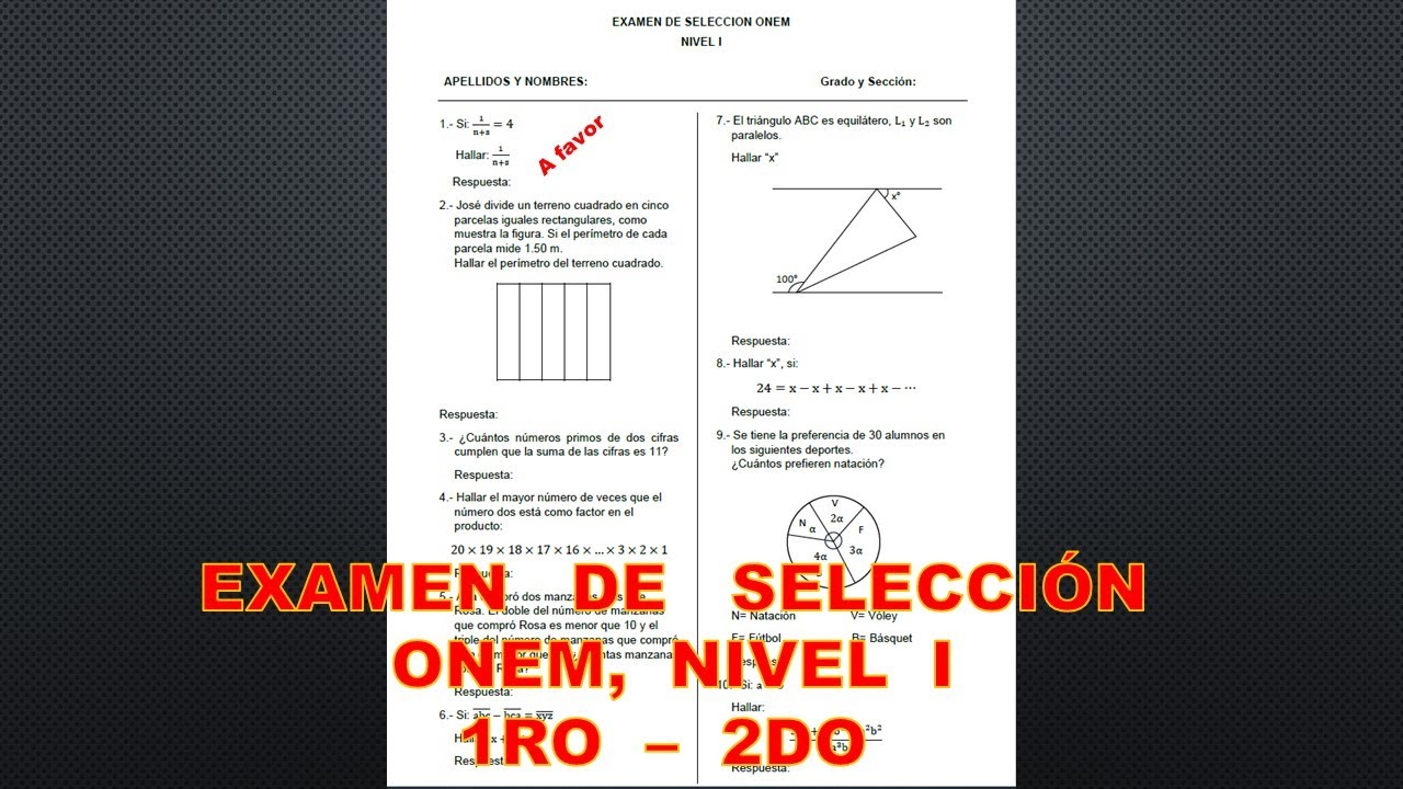 ONEM NIVEL I (1ro y 2do de secundaria), EXAMEN DE SELECCION