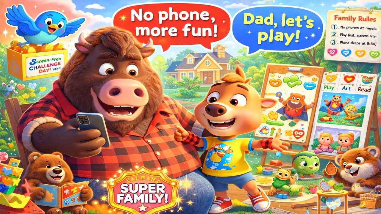 ❤️Bison Family Funtime No Phone, More Fun! 📵 A Screen Free Family Day   3D Kids Cartoon