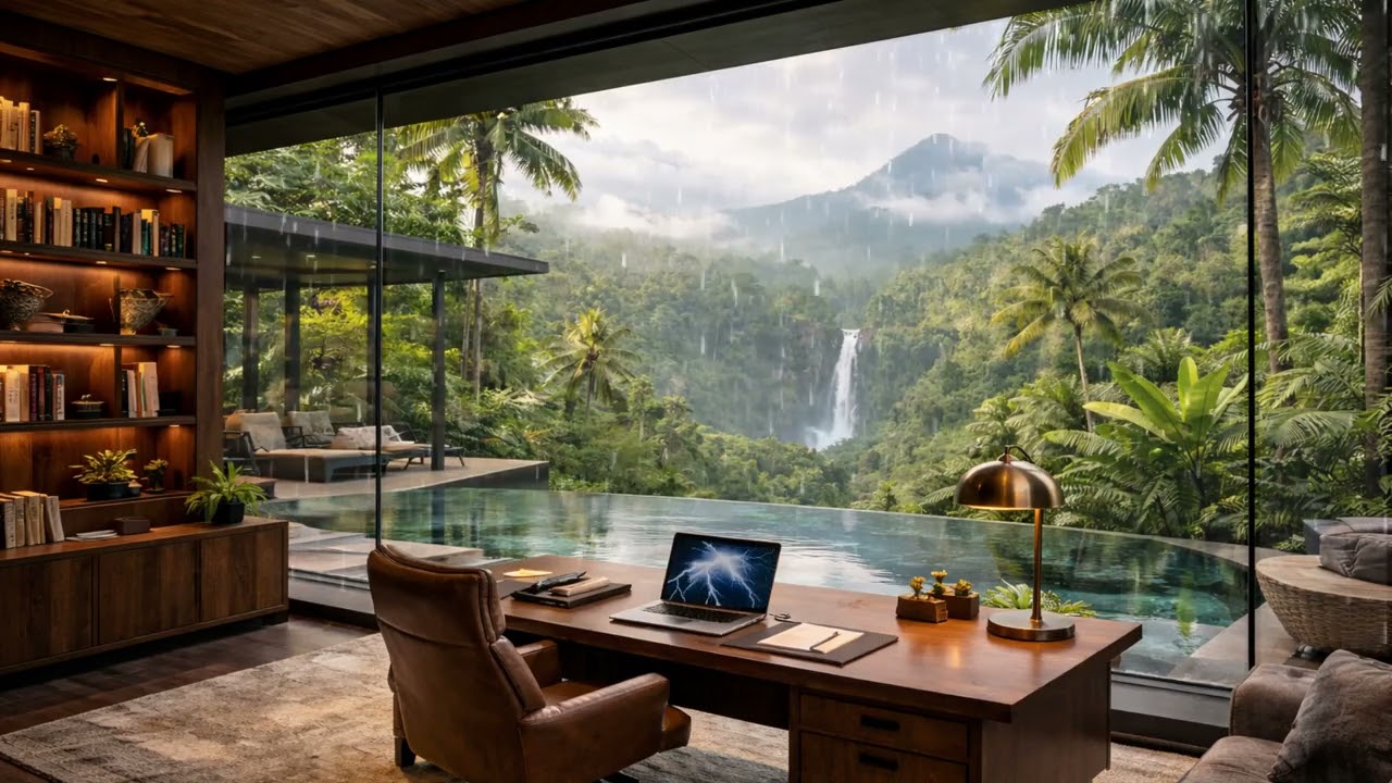 Luxury Rainforest Office Ambience 🌧️ Jungle Waterfall & Rain Sounds for Deep Focus (8 Hours)