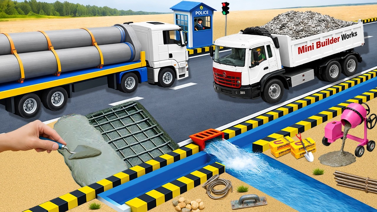 DIY Mini Tractor Builds a Modern Concrete Road with a Drainage System | Science Project