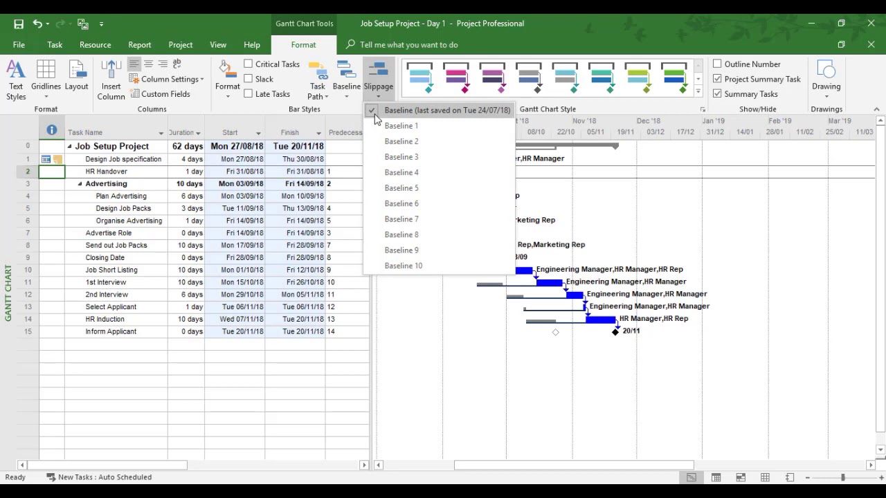 Базовые отклонения в учебном пособии Microsoft Project