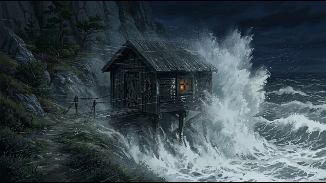 A Family Shelters in a Tiny Cliffside Cabin as North Sea Waves Crash Below All Night | Ghibli