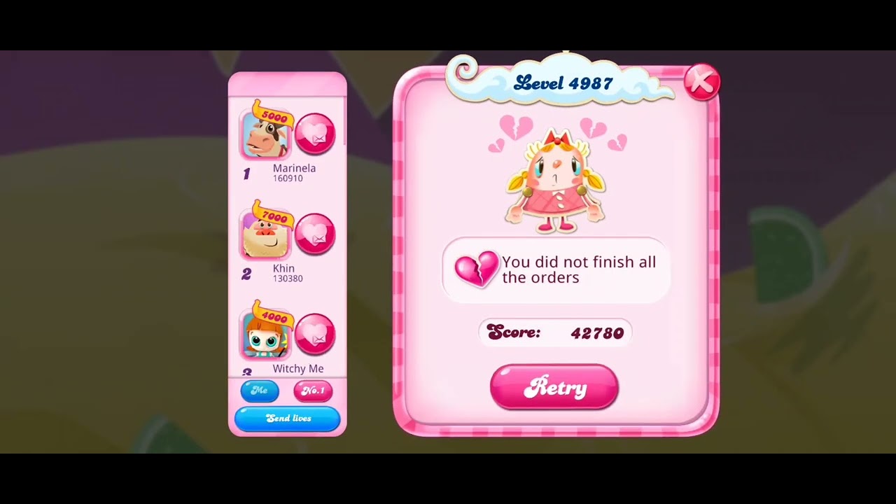 Candy crush Game Over: Level failed (landscape)