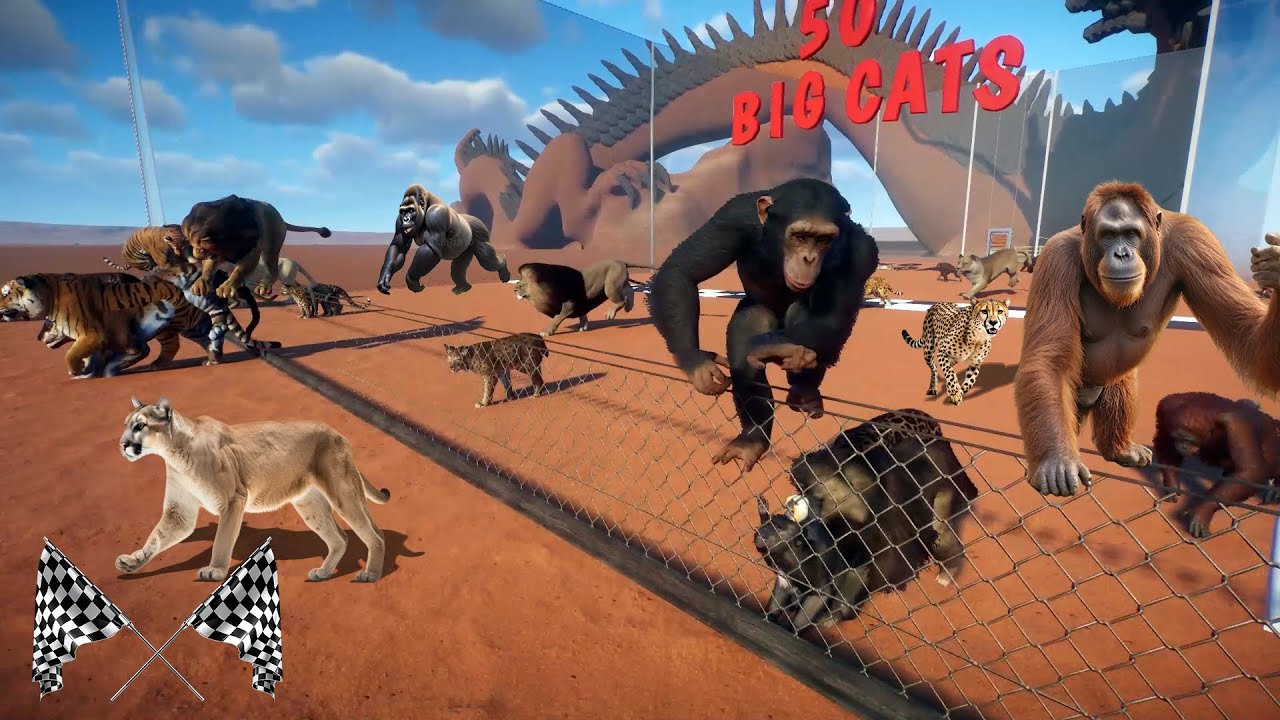 50 Big Cats VS 50 Apes Animals Escape Race in Planet Zoo included Lion, Tiger, Gorilla, Monkey