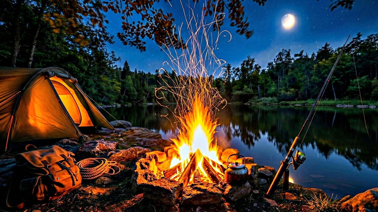 Night Fishing in Windy Woods - 1 Hour of Campfire, Owls & Night Nature ASMR