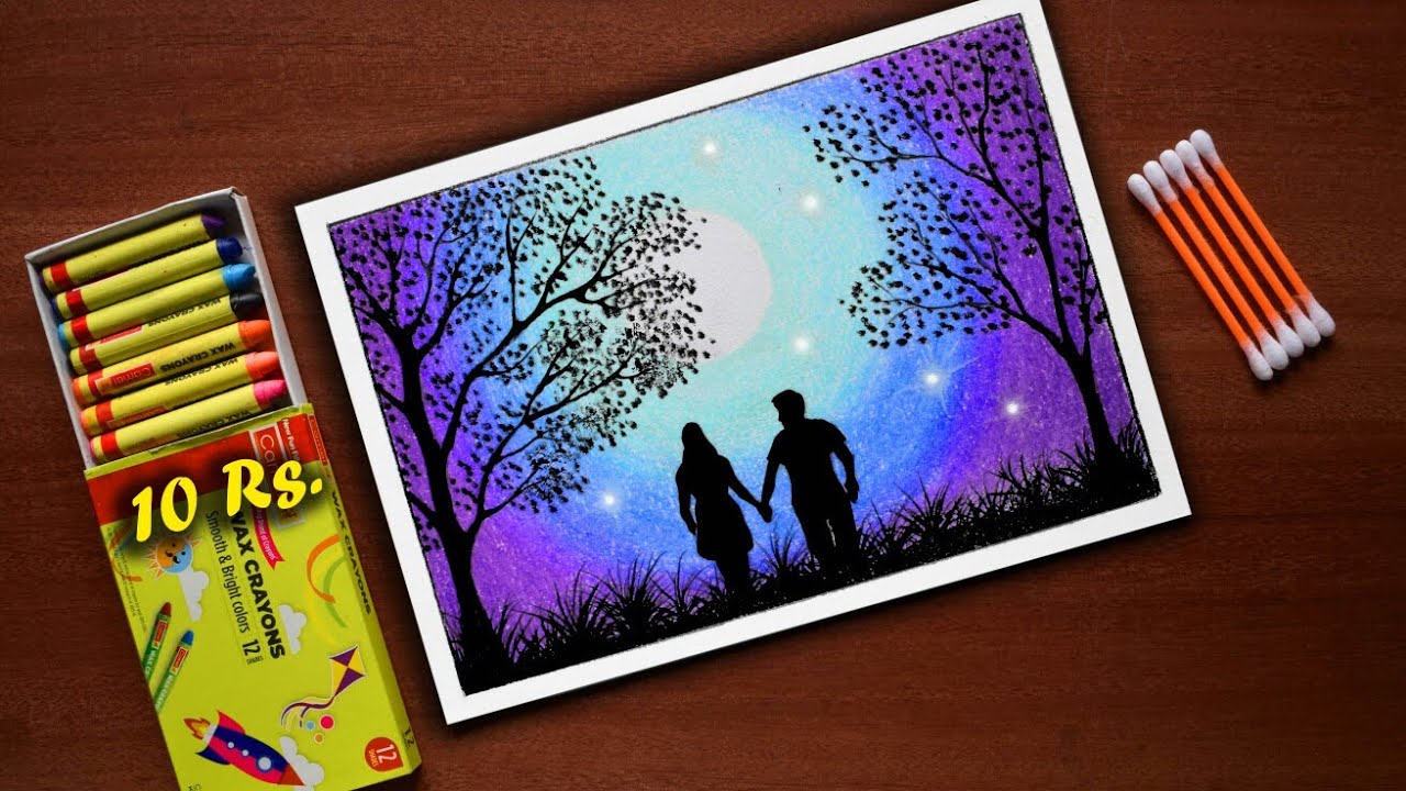 Moonlight Romance | Drawing for Beginners with Wax Crayons | step by step | Satisfying #107