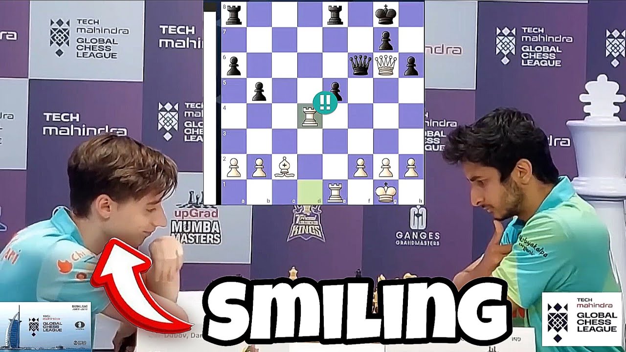 Dubov smiles after Rook sacrifice against Vidit Gujrathi in Global Chess League 