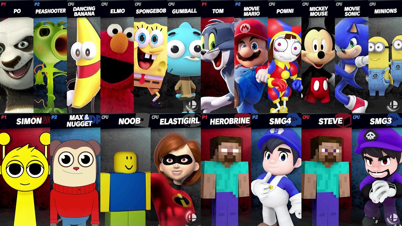 Sonic vs Mario vs SpongeBob vs Gumball vs Steve vs Sprunki Simon in Super Smash Bros Ultimate