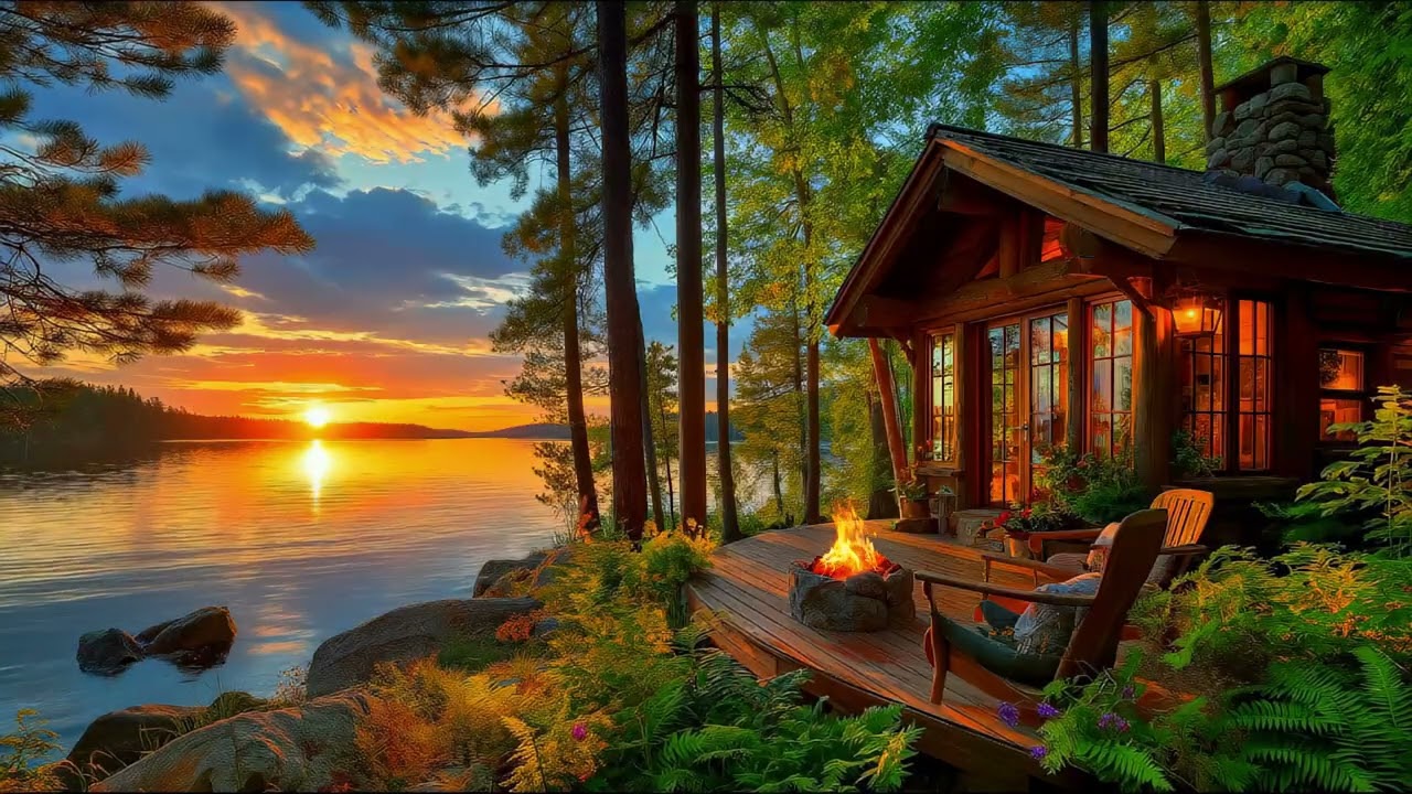Cozy Evening Firepit Ambience by Lake Relaxing Nature Sounds | Calm Birds & Crackling Fire