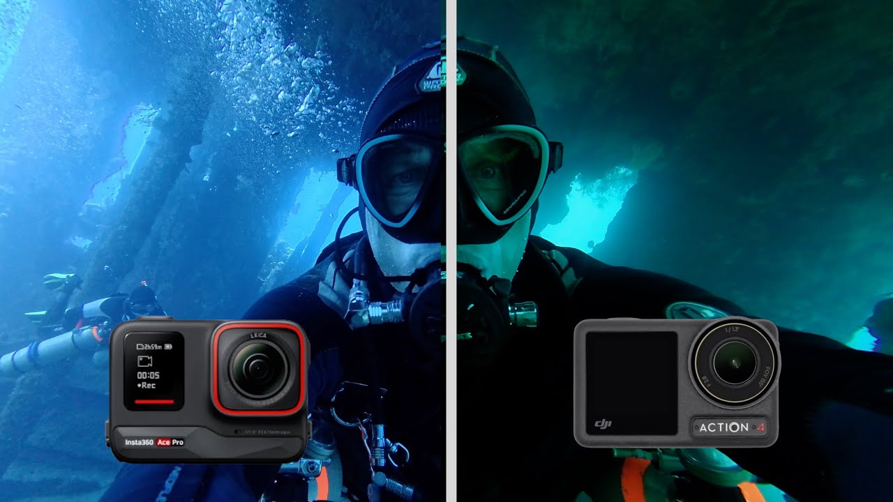 DJI Action 4 and Insta360 Ace Pro side by side.