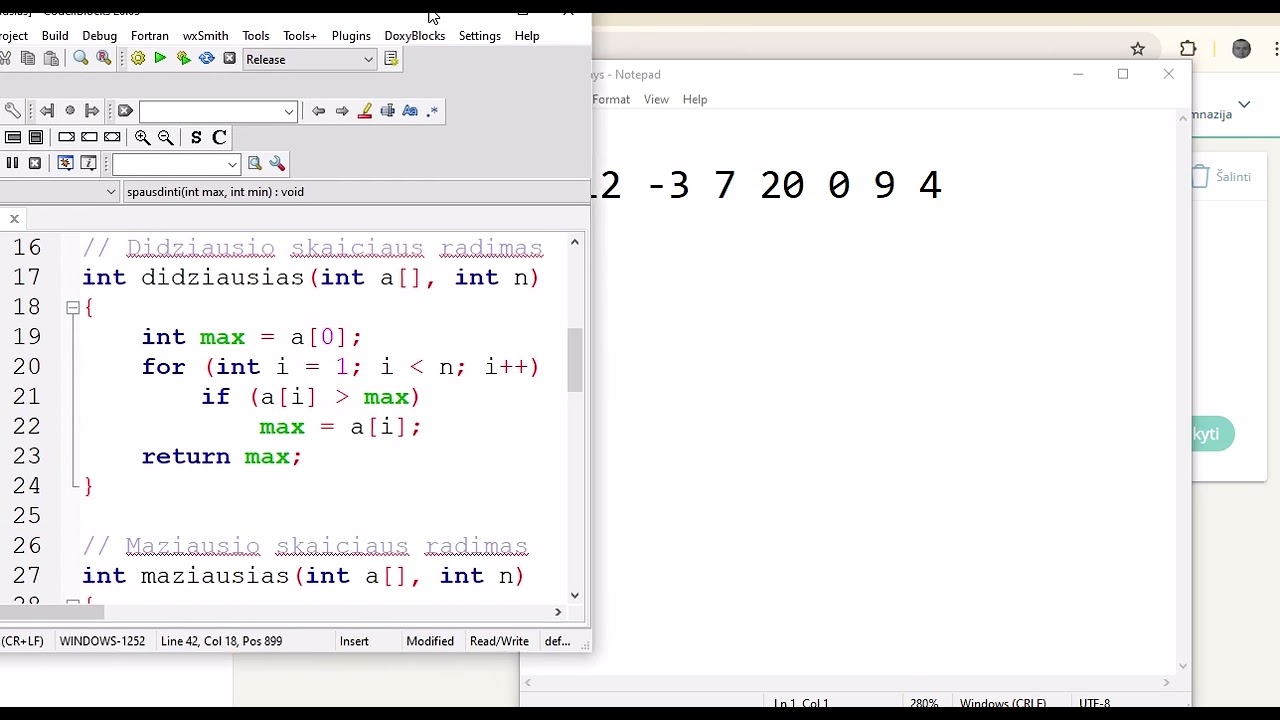 C++ pamokos. Masyvas, funkcijos, išoriniai failai, didžiausios ir mažiausios reikšmės paieška.