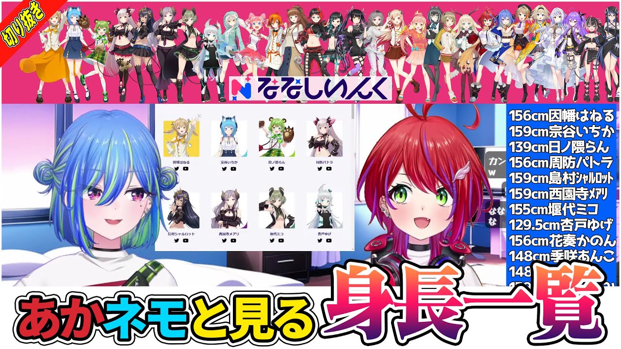 【切り抜き】あかネモと見るVtuber事務所「ななしいんく」メンバーの身長【涼海ネモ/茜音カンナ】