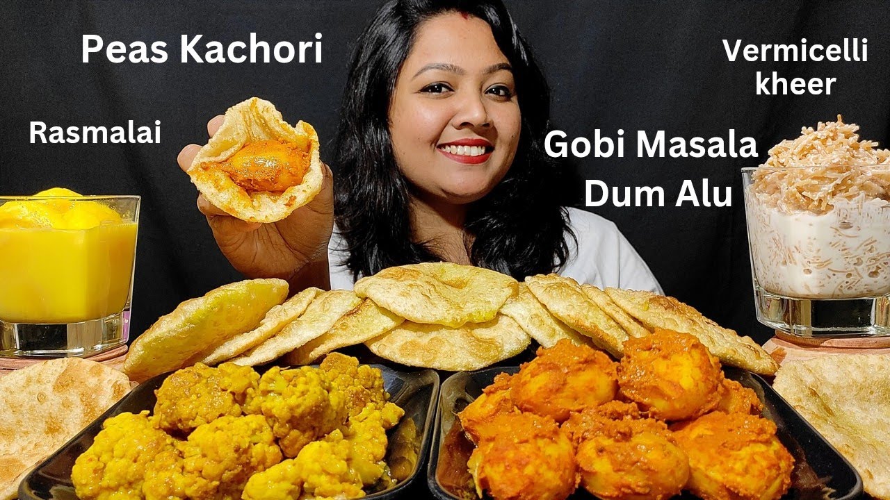 Eating Kachori, Kashmiri dum alu, Gobi masala, Vermicelli kheer, Rasmalai