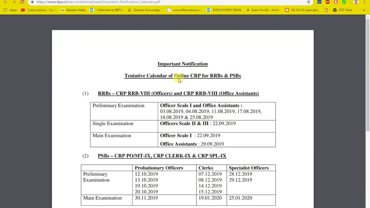 IBPS 2019 Calendar