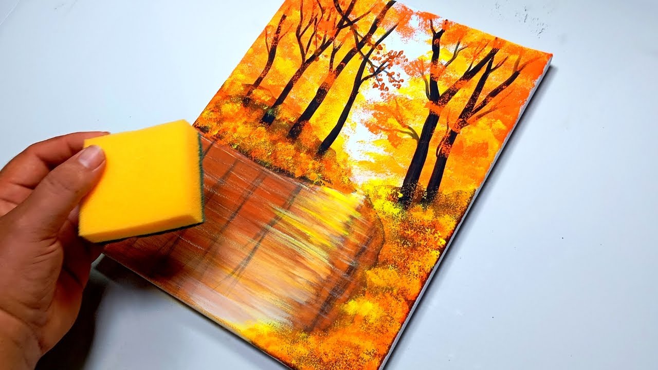 Aprende a Pintar un PAISAJE Oto&ntilde;al con Acr&iacute;lico usando ESPONJA / Tutorial F&aacute;cil Paso a Paso