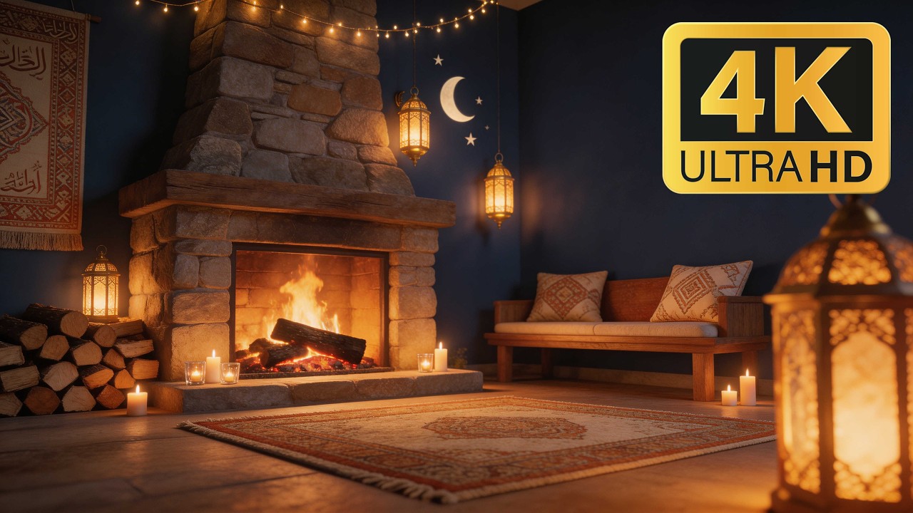 12H Ramadan Night Fireplace 4K 🌙 Lantern Light & Peaceful Crackling Fire (No Music)