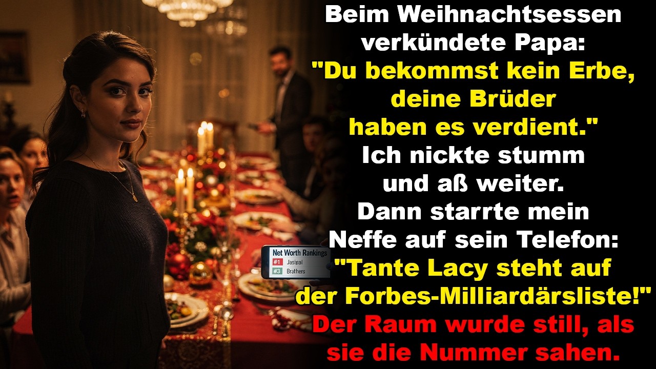 Beim Weihnachtsessen verkündete Papa: „Du bekommst kein Erbe, deine Brüder haben es verdient.“