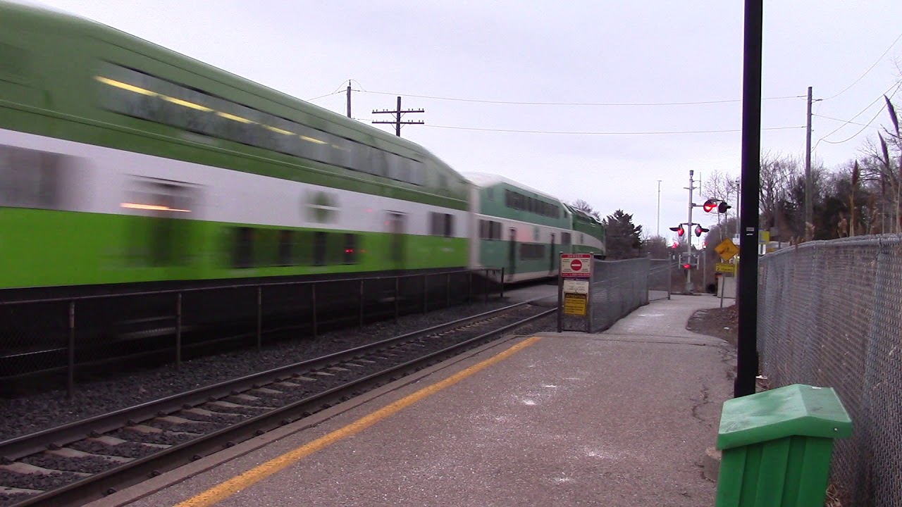 GO Transit trains meet at Rouge Hill station.