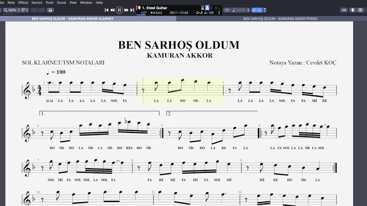 BEN SARHOŞ OLDUM -  KAMURAN AKKOR NOTA SOLFEJ