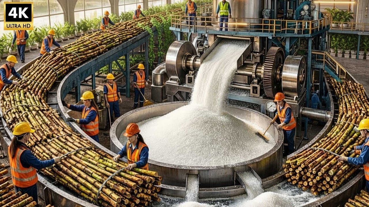 Inside a Giant Cane Sugar Factory: How Fresh Sugarcane Becomes Shiny Crystal Sugar (Factory Process)