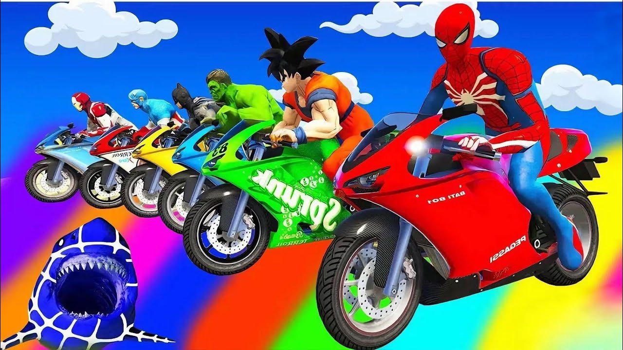 الأبطال الخارقين على القضبان دوامة قمع جسر 🏍️🐱‍SPIDER MAN!on Motorcycle in Spiral Bridge Stunt Rid