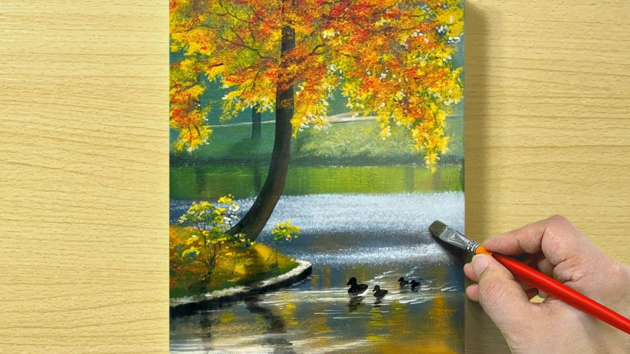 Painting the Lake Scenery with Autumn Coming / Acrylic Painting