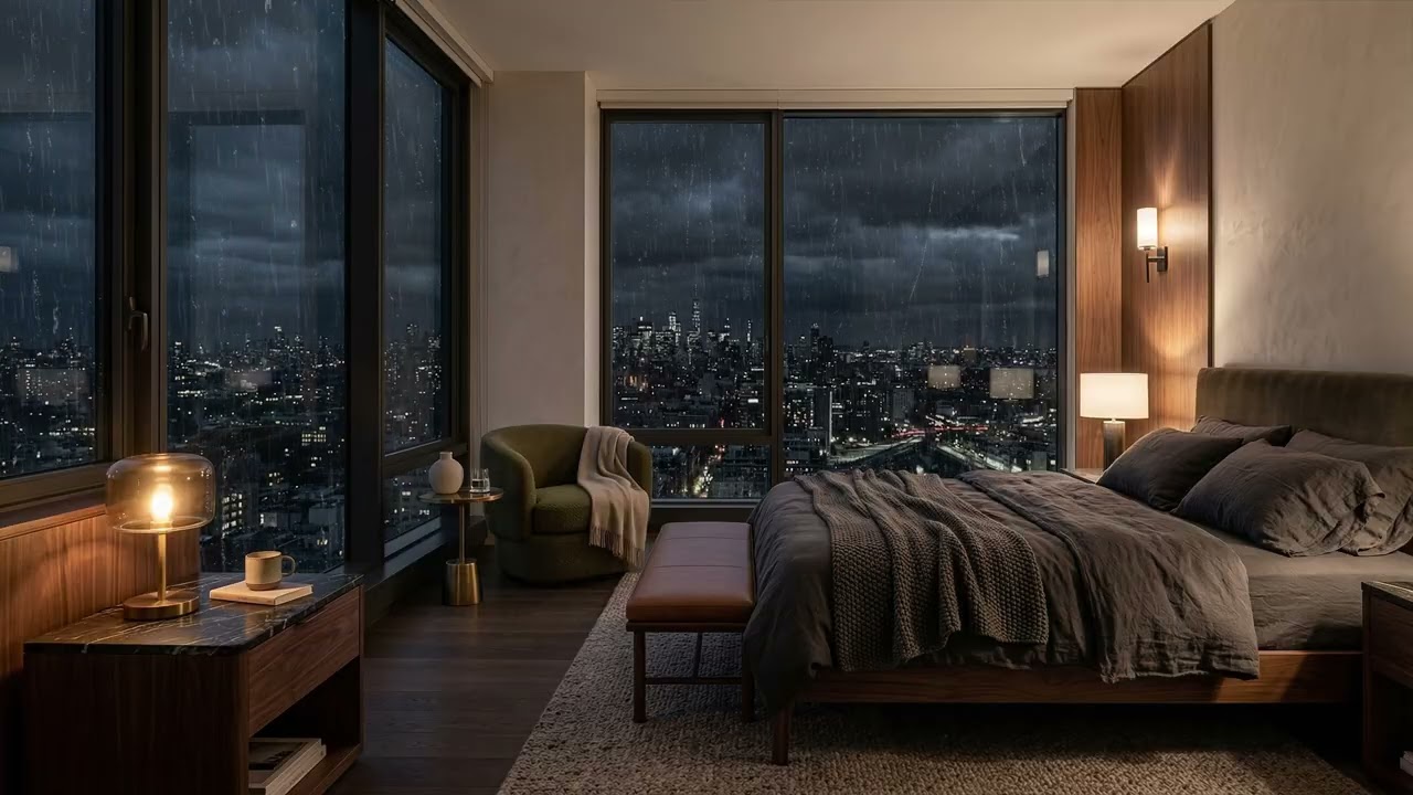 Calm City Rain 🌧️ Sliding Down A High Rise Bedroom Window While Neon Streets Glow 🏙️