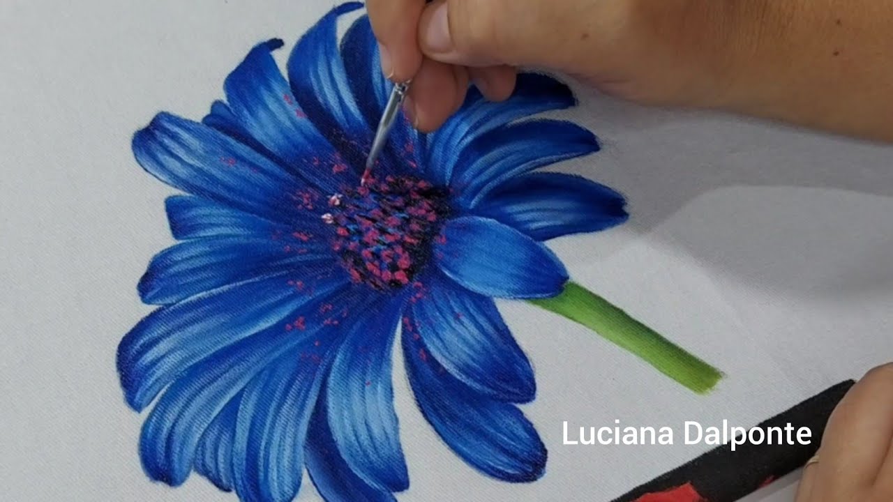 Como Pintar Gerbera azul Realista. Pintura em Tecido. Luciana Dalponte