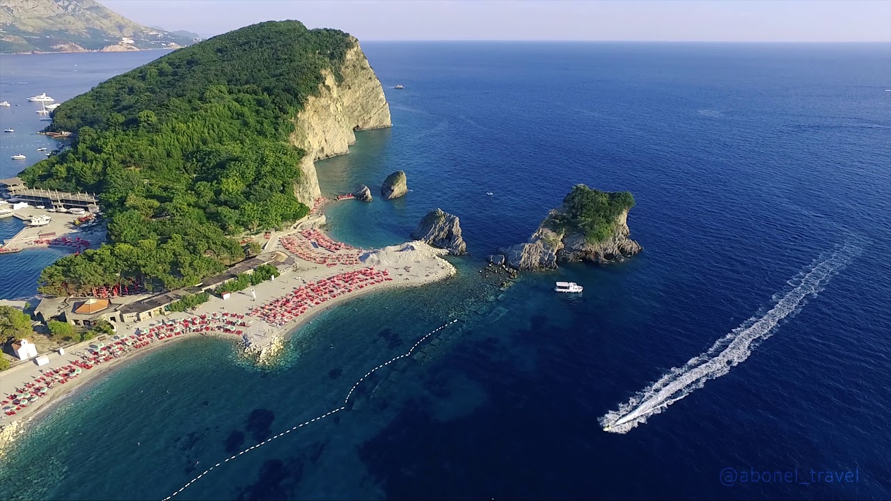 Budva, sveti nikola Island (Hawaii  beach) Montenegro drone 4K