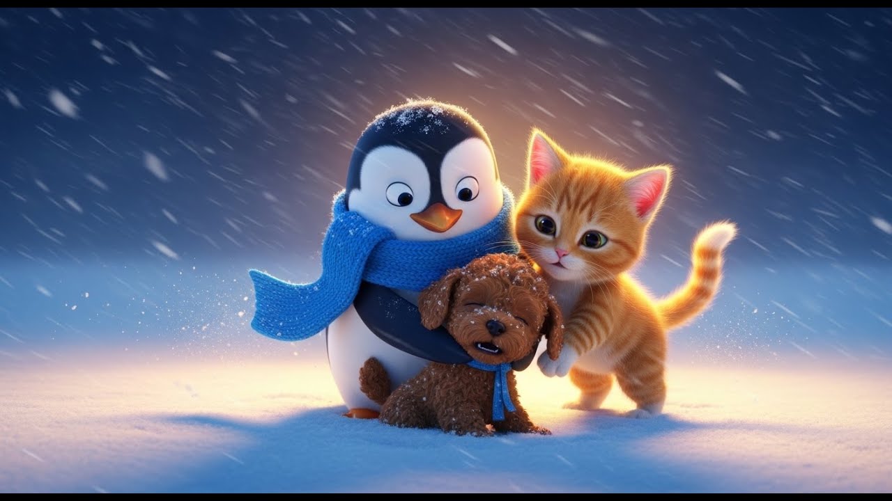 Watch how the penguin and the kitten rescued a puppy that was lost in a snowstorm
