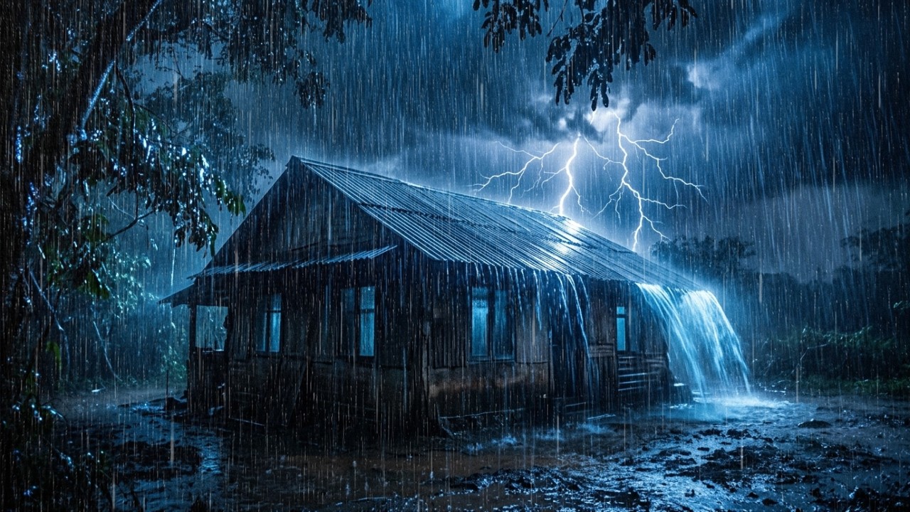 Eliminate Insomnia with Resounding Rain & Rumbling Thunder on Frayed Tent Roof on the Farm at Night