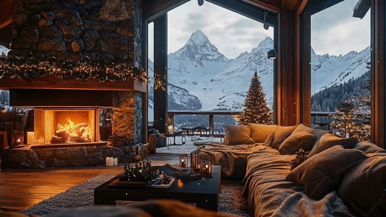 Christmas Ski Chalet: Mountain & Fireplace Sounds for Studying, Relaxation, Sleep NO MUSIC