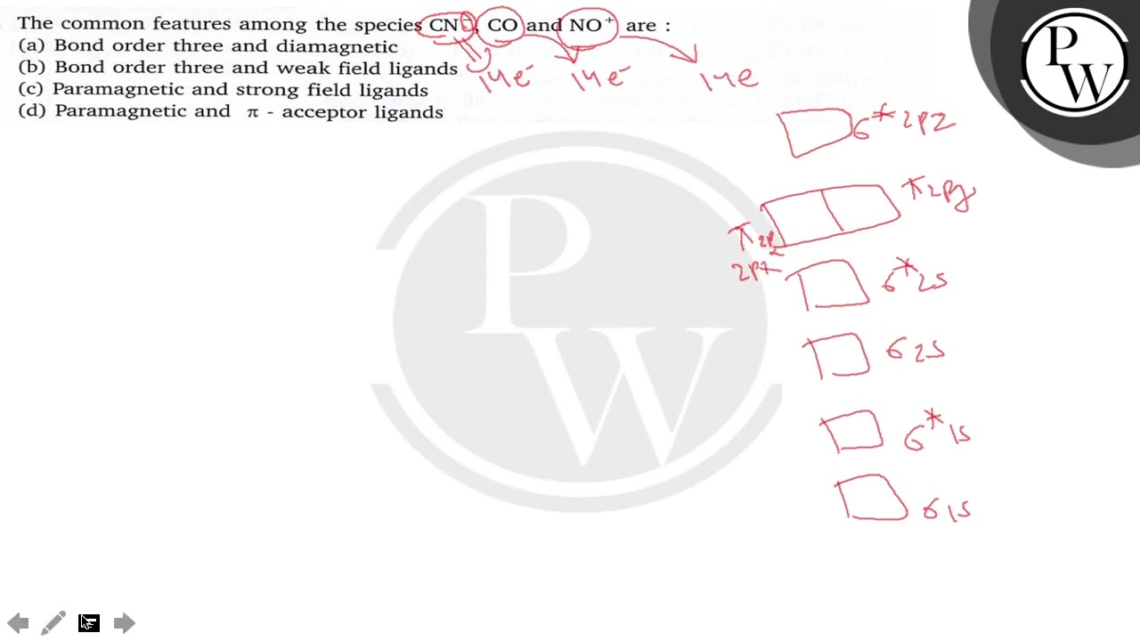 The common features among the species CN^-, CO and NO^+are :
(a) Bond order three and diamagnetic...
