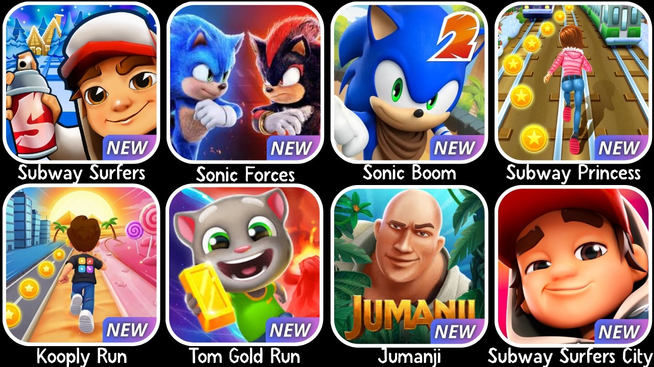 Subway Surfers, Sonic Forces, Subway Princess, Kooply Run, Tom Gold Run, Subway Surfers City