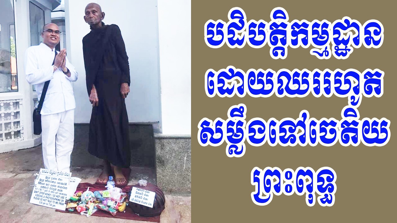 ព្រះសង្ឃបដិបត្តិកម្មដ្ឋានដោយឈររហូតសម្លឹងមើលទៅចេតិយព្រះពុទ្ធ បង្ហាញដោយលោកគ្រូធម្មានន្ទ