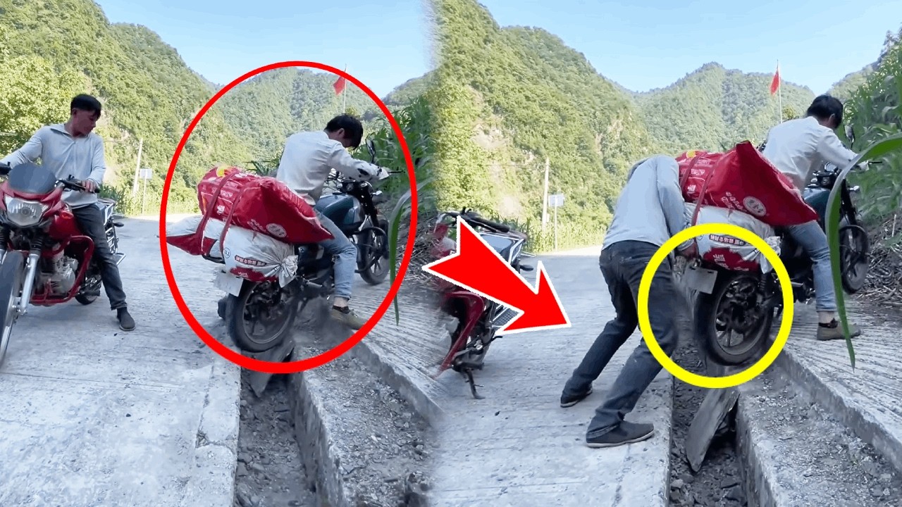 An older man's motorcycle rear wheel got stuck in a ditch, and a kind young man helped him.