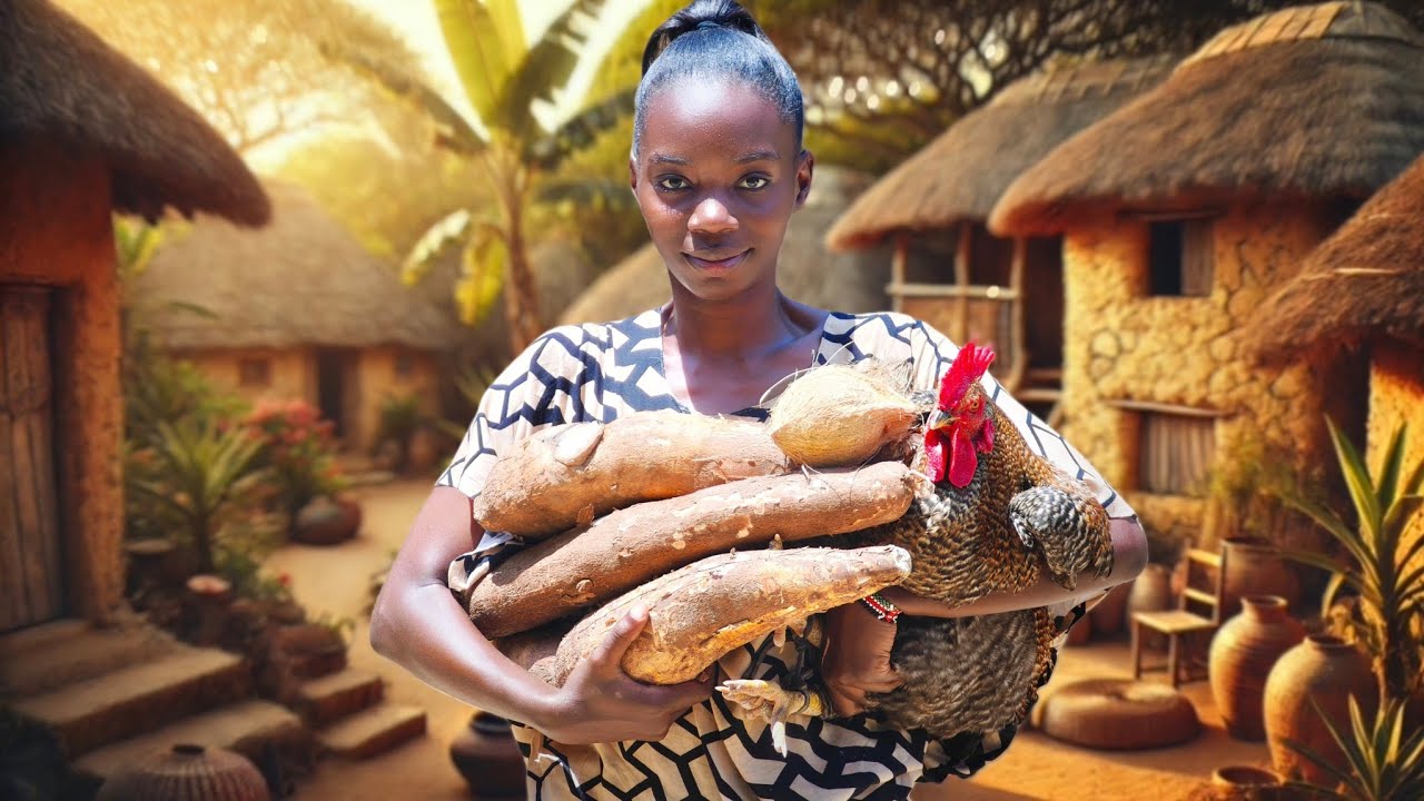 Cooking Cassava in Fresh Coconut with Chicken & Mango Sauce | Village Recipe