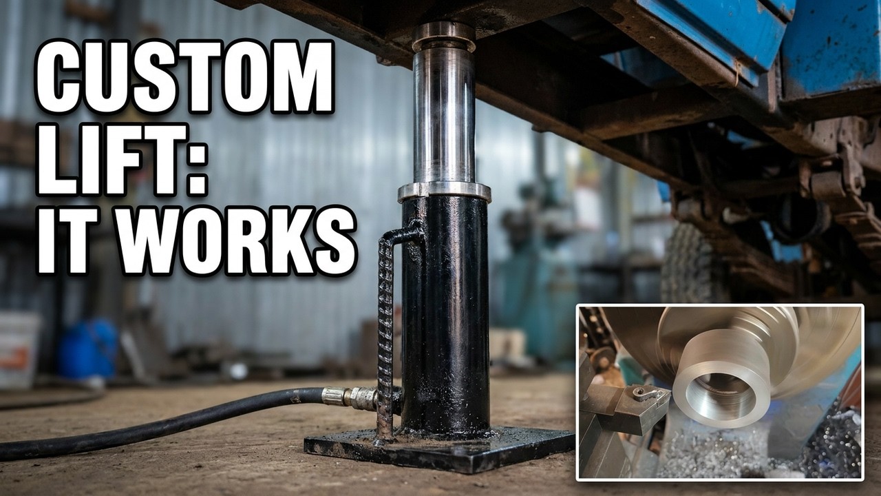 A hand-built hydraulic pump with a load capacity of 32 tons. Homemade lathe