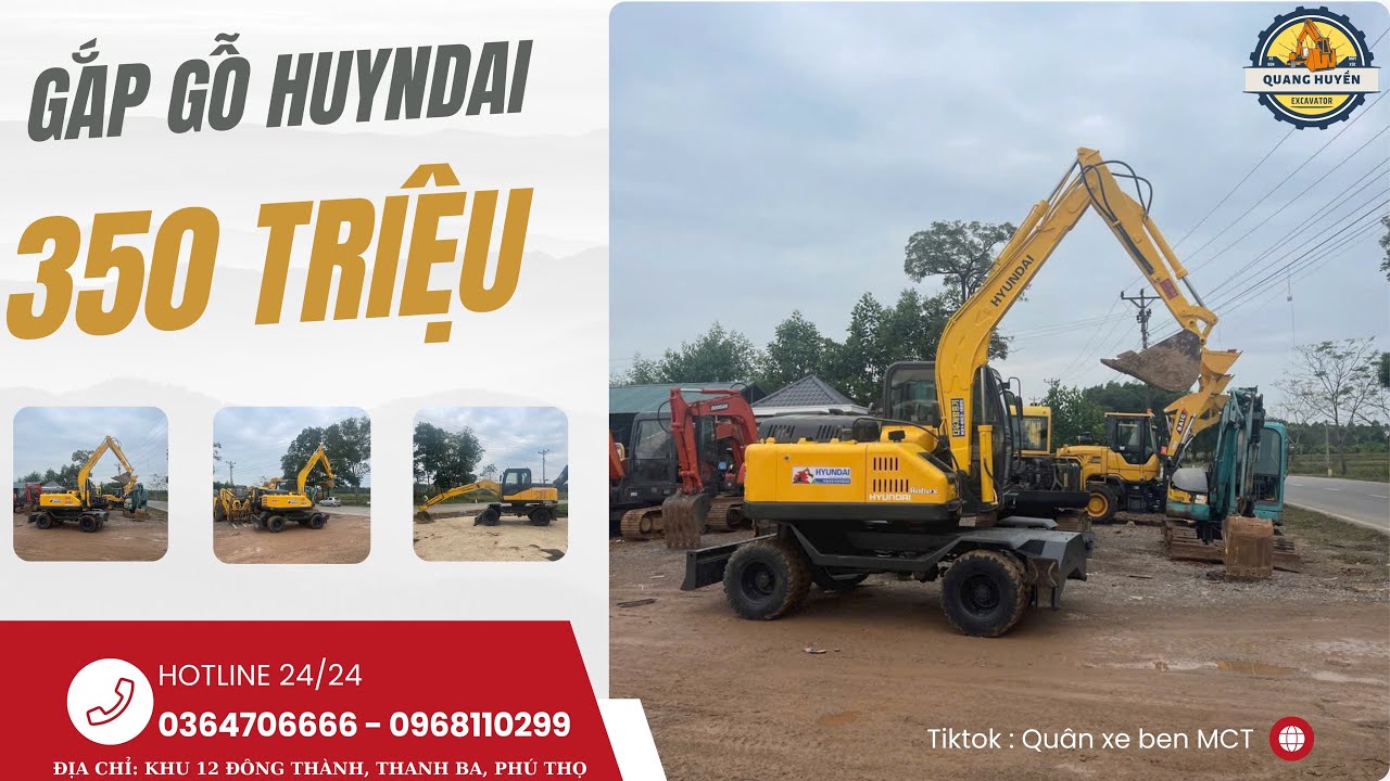 Báo giá máy xúc đào bánh lốp hyundai fake gắp gỗ | bãi máy Quang Huyền phú thọ 0968110299
