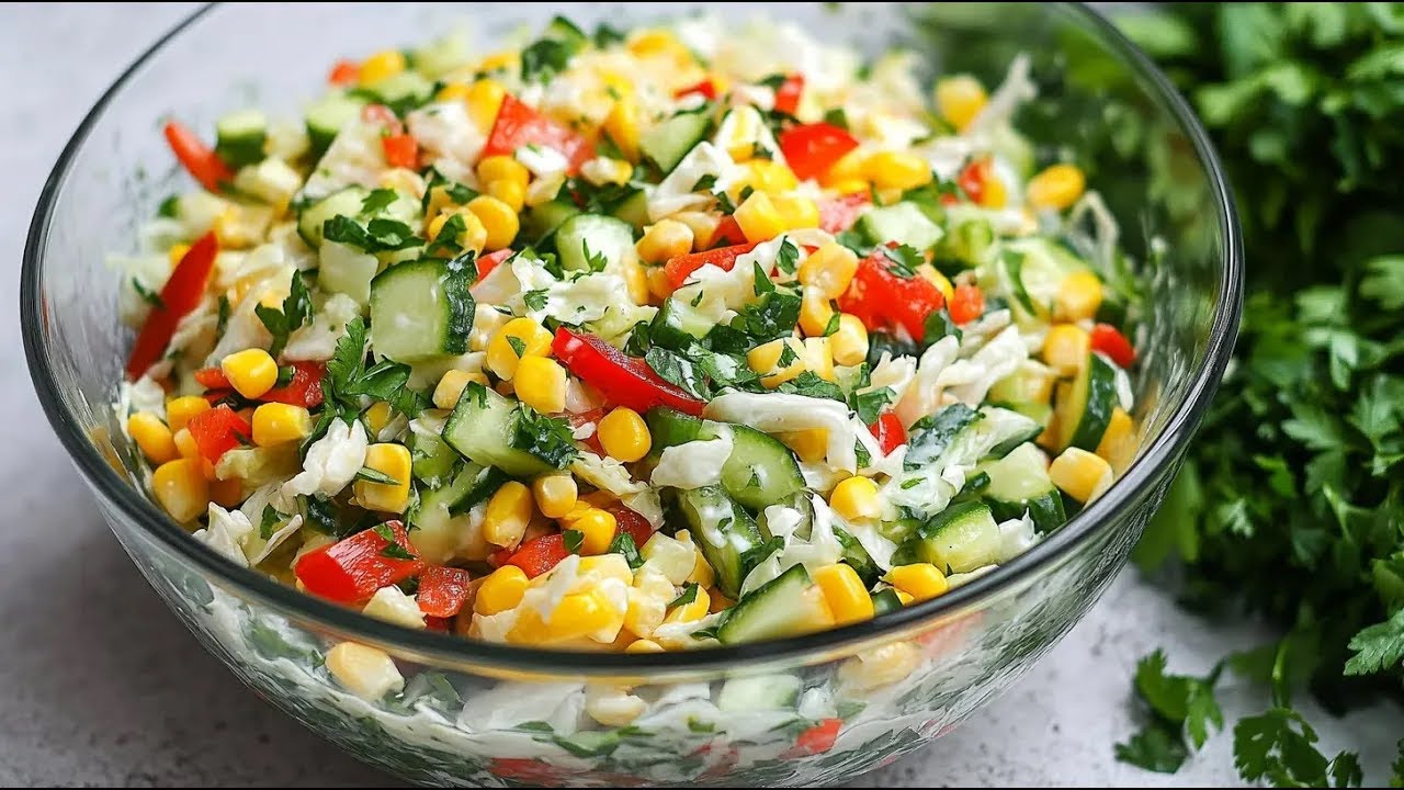 Leckerer Chinakohl Salat in 7 Min. Ich werde nie müde, den Salat zu machen! Mit Mais, Gurke, Joghurt